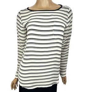 Loft Ann Taylor Size Petite S White w/Black Stripes Curved Hem Long Sleeve
